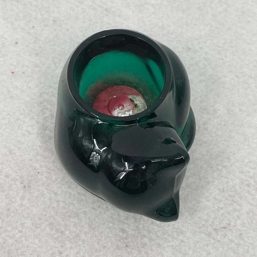 Indiana Glass Evergreen Cat Votive Holder Emerald Green Sleeping Kitten 3865
